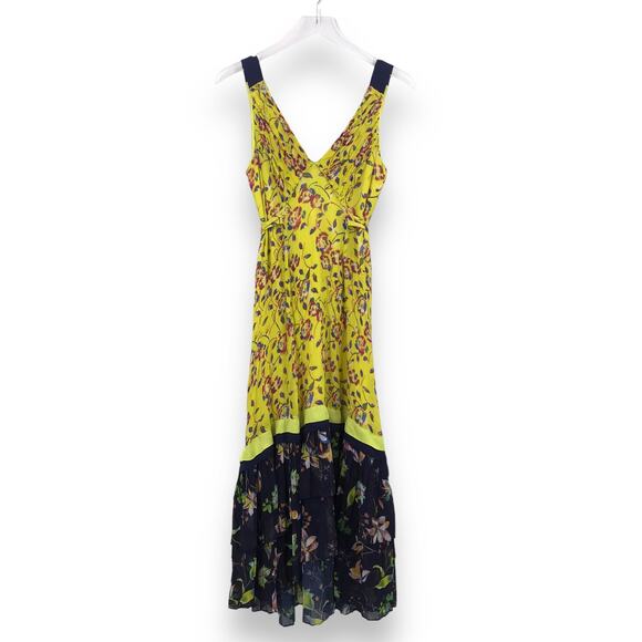 Tanya Taylor Garden Print Everly Maxi Dress 6 Silk Pleated Hem Sleeveless V-Neck - Picture 1 of 6